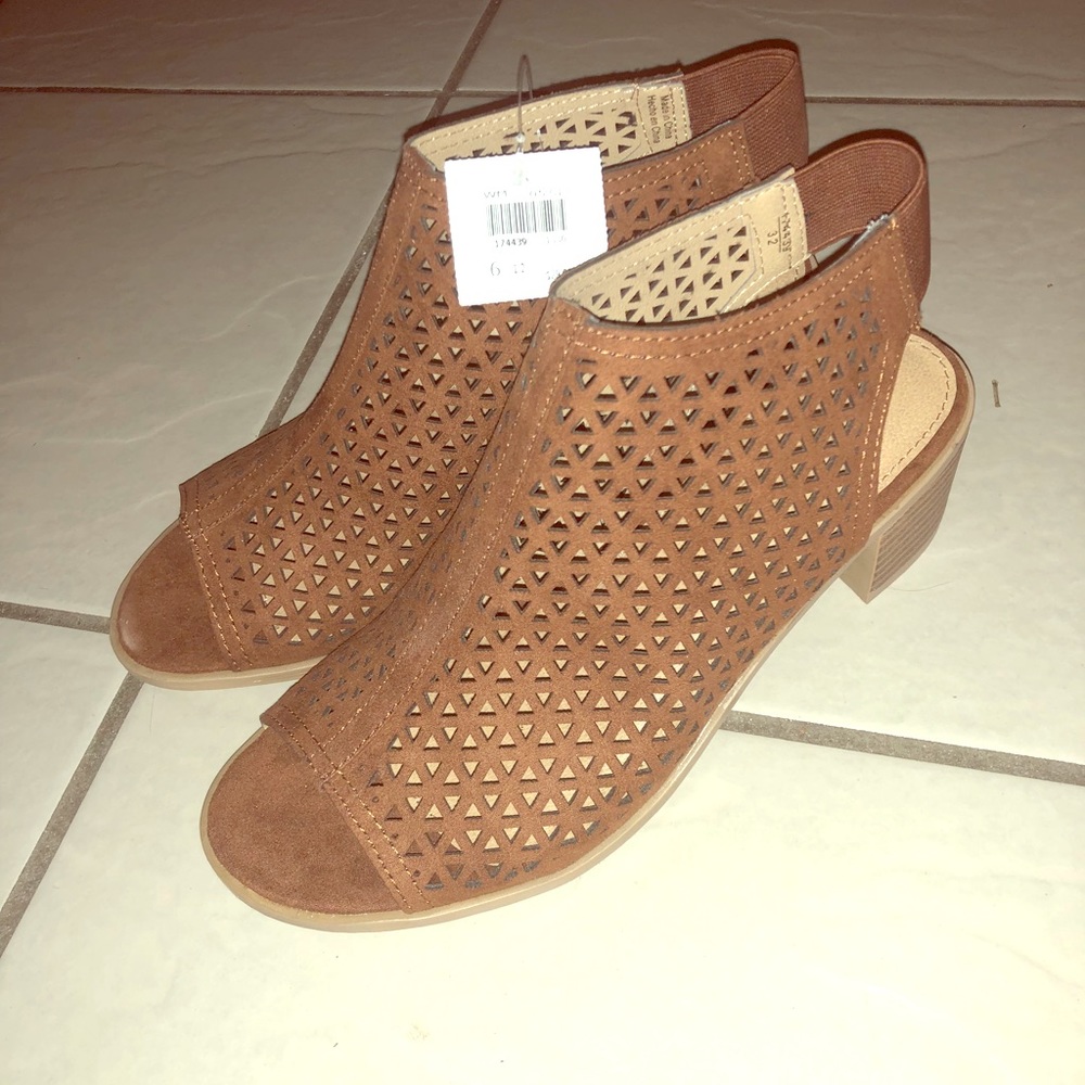 Brown laser cut detail stack heel